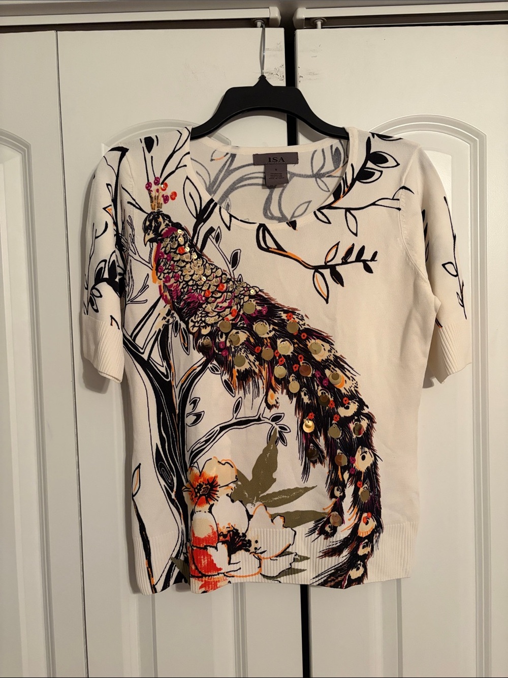 Cream Peacock-Print Short Sleeve Top